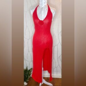 🎀🌷 Vibrant Red Sexy 3D Floral High Slit Halter Swim Coverup Beach Dress 🌷🎀